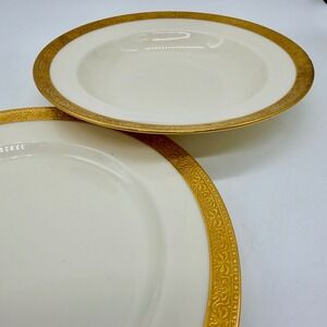 Lenox Ivory China Gold Encrusted Rim Soup Bowl and Dinner Plate Set 2 Piece